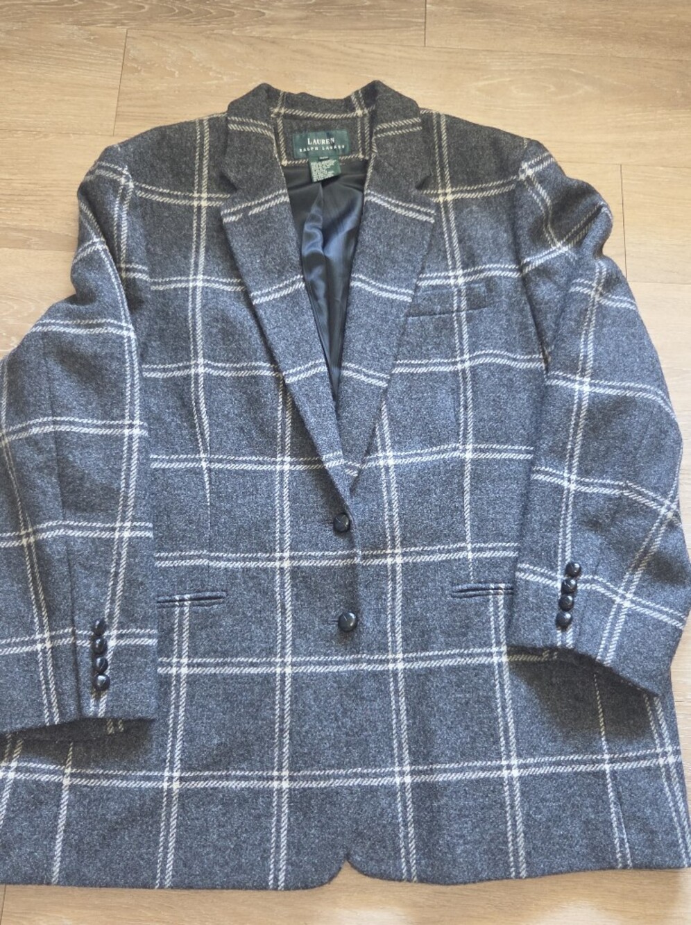 Ralph Lauren Charcoal Gray Windowpane Womens Wool Jacket Blazer Sz 22 W EUC